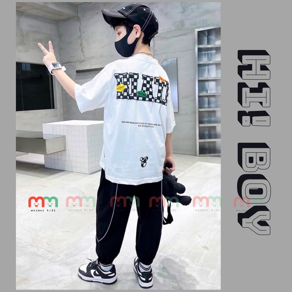 Set thể thao bé trai hip hop cá tính áo thun lệch tà phối quần jogger thun cotton cao cấp co dãn mềm mịn cho bé 9kg-52kg