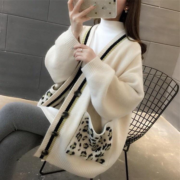 Áo khoác cardigan len họa tiết báo túi
