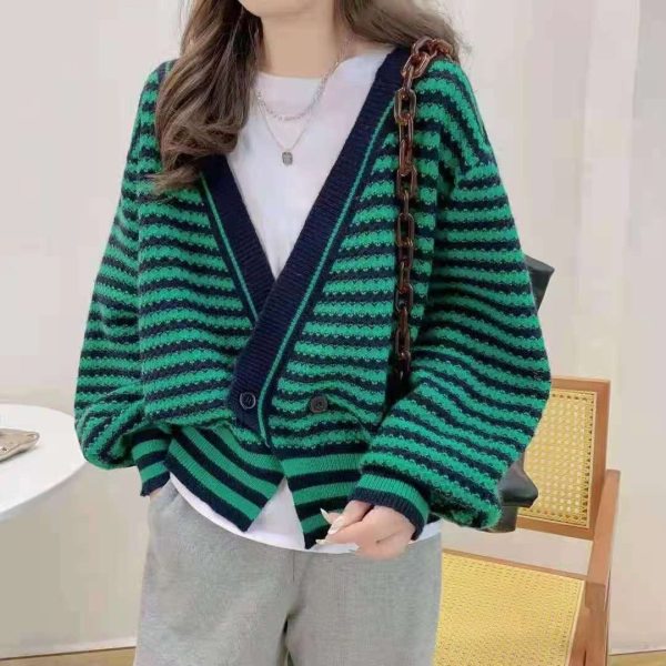 Áo Khoác Cardigan Dệt Kim Dáng Rộng Họa Tiết Kẻ Sọc Thời Trang Mùa Thu Phong Cách Hàn Quốc Mới Cho Nữ