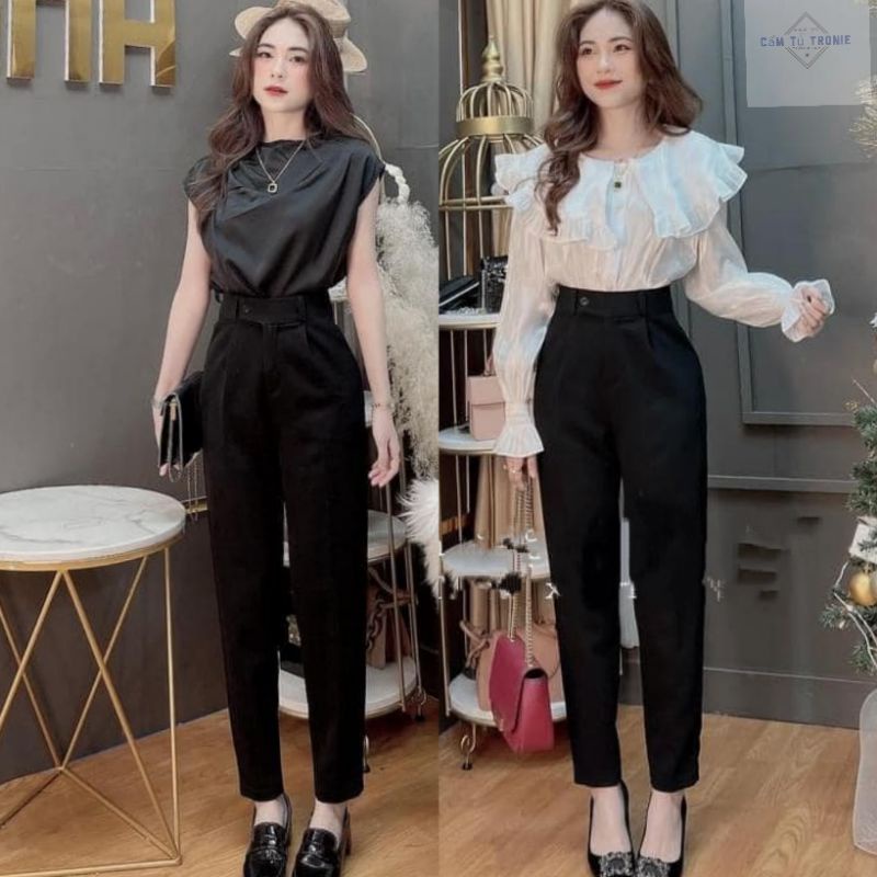 Quần tây nữ lưng cao đi học ống đứng khuy lệch suông dài màu đen vải mềm- Quần vải baggy nữ cạp cao công sở học sinh đai