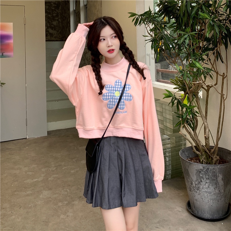 Áo sweater SUXI thể thao tay dài dáng rộng họa tiết hoa xinh xắn dễ phối đồ cho nữ