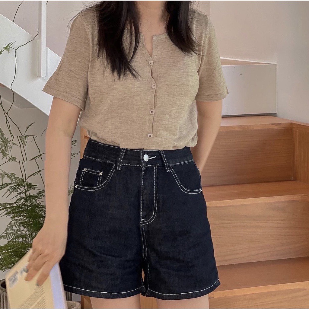 Quần Short Jean Chỉ Nổi JOLIE Nữ  🌸 Sooc đùi ống rộng cạp cao phong cách vintage đường phố hàn quốc Ulzzang 🌸