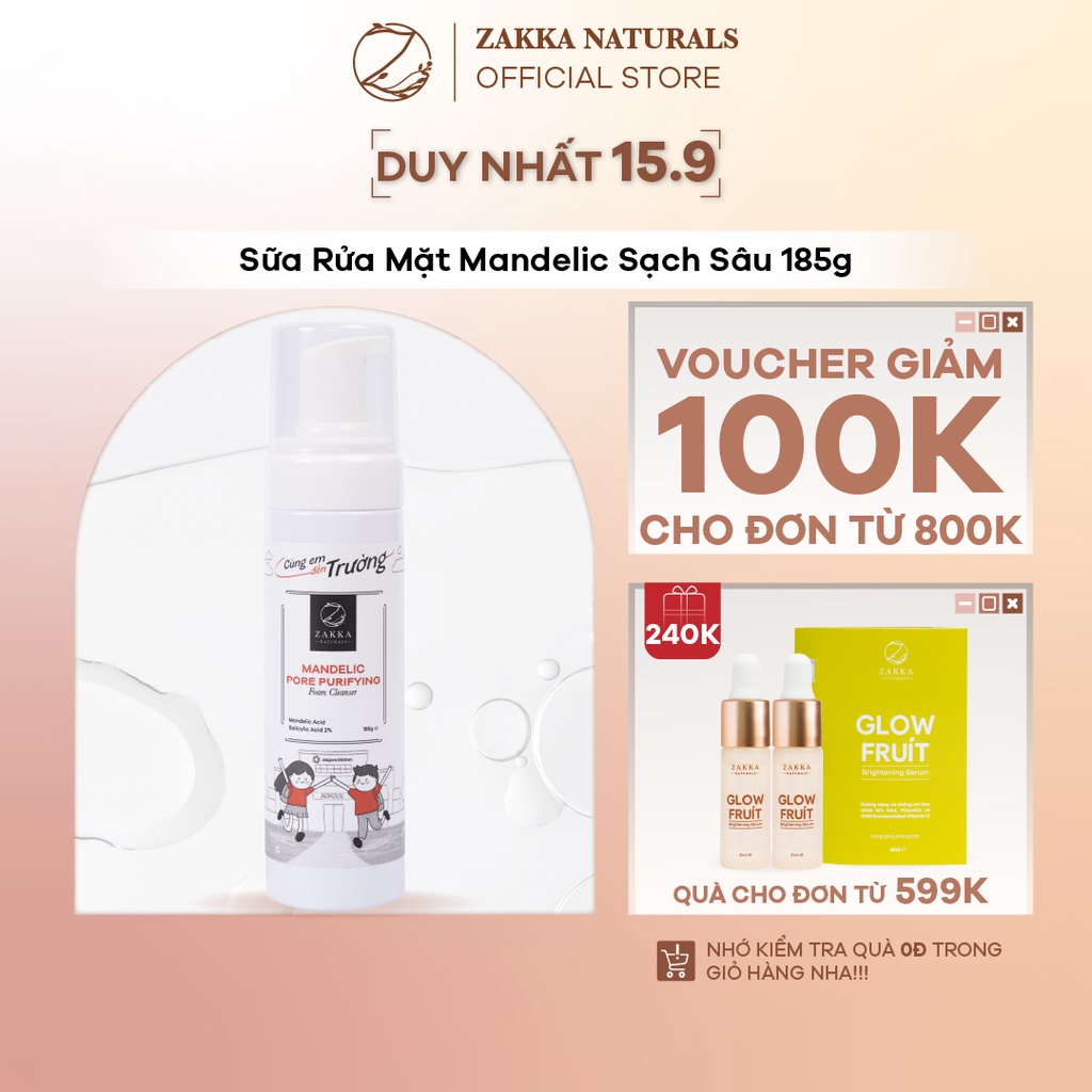 Sữa Rửa Mặt AHA BHA Zakka Naturals Làm Sạch, Ngăn Ngừa Mụn Mandelic Pore Purifying Foam Cleanser 185g