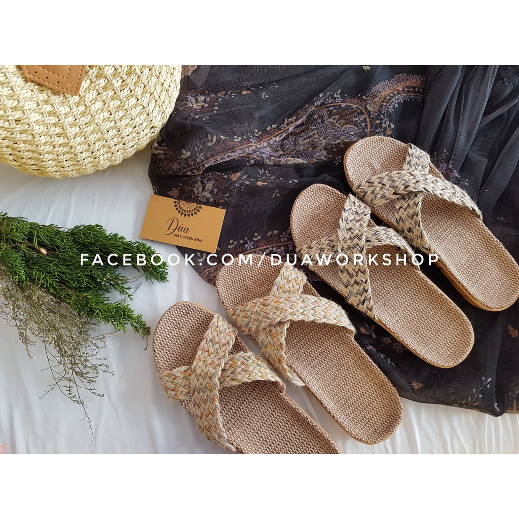 Dép Cói Quai Chéo Tăm Vintage, Dép Đi Biển, Dép Mang Trong Nhà, Dép Văn Phòng