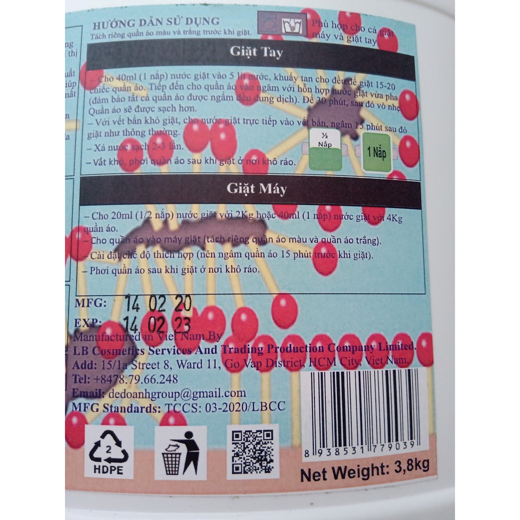 Com bo Nước giặt và Nước xả vải - 2 can 3.8kg.