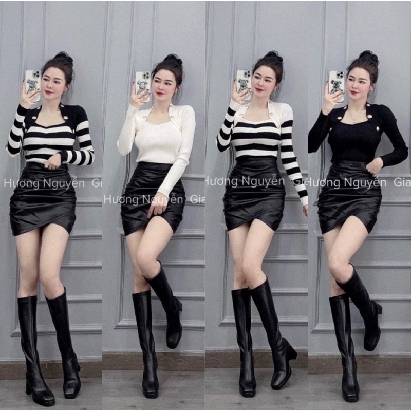 Áo len cổ vuông khuy vai, Áo kiểu dáng ôm cổ U dài tay AL1736 - NhiNhi Shop