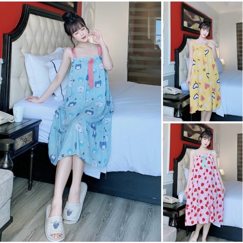 Đầm bầu ngủ 2 dây lanh cao cấp thời trang