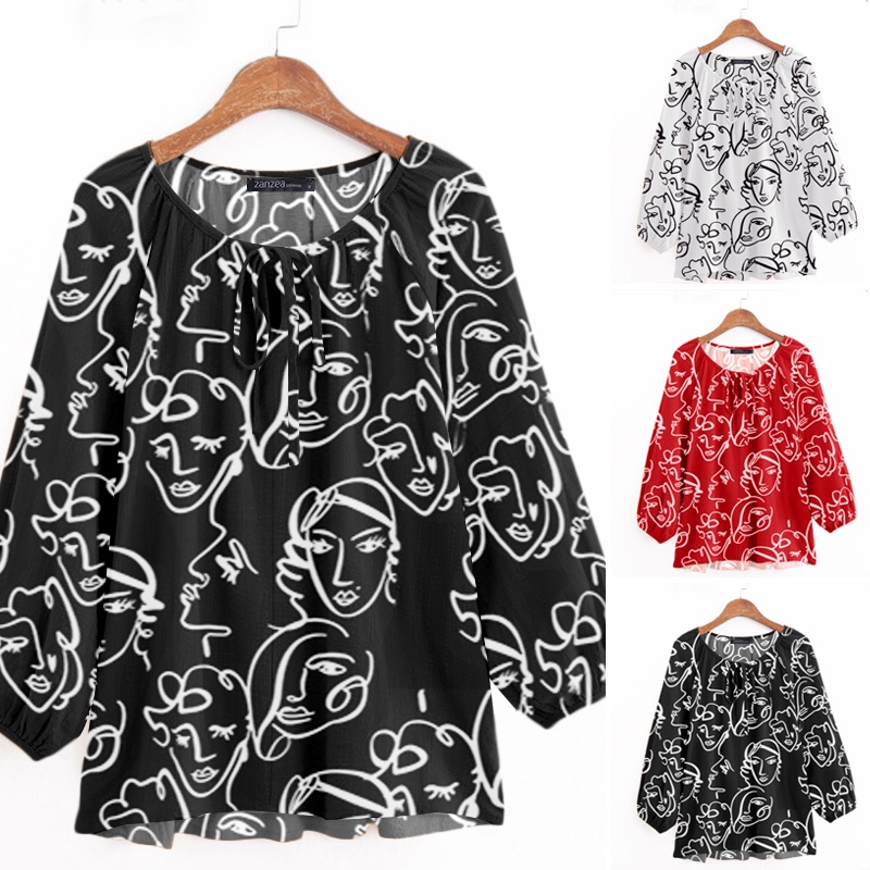 Áo Kiểu ZANZEA Tay Lửng 3/4 Cổ Tròn Cột Dây In Họa Tiết Mặt Cho Nữ