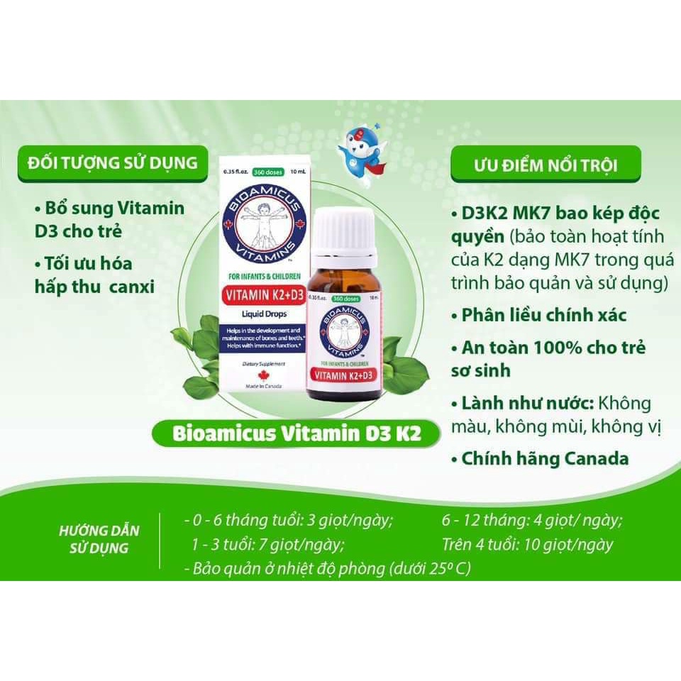 Vitamin D3K2 MK7 BioAmicus Bao Kép 10ml, giúp tăng cường hấp thu canxi cho bé, chống còi xương ,tăng chiều cao_Chính hãn