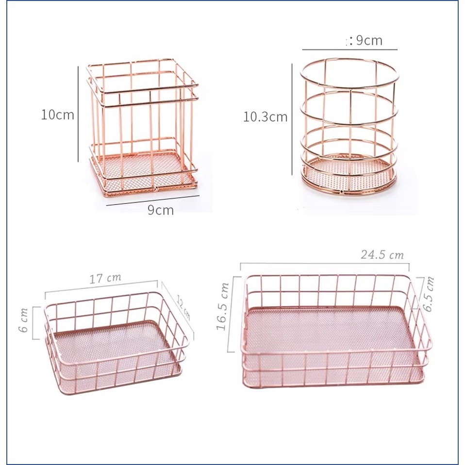 Khay ống đựng cọ giỏ kim loại đáy lưới màu Gold, Rosegold để mỹ phẩm, văn phòng phẩm
