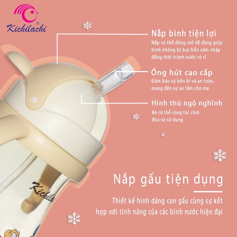 [Tặng cọ ống hút] Bình sữa, bình tập uống nước 2in1 Kichilachi Tritan có tay cầm chống sặc 240ml
