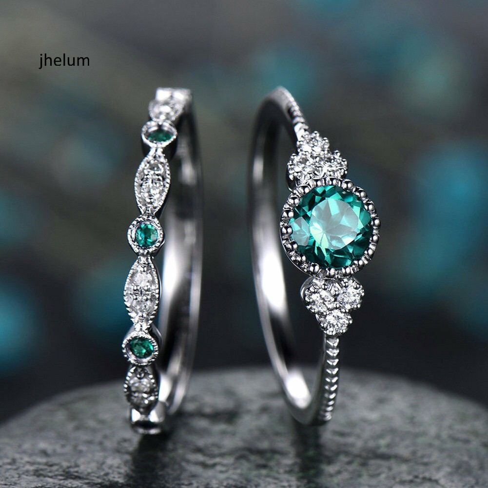 Set 2 nhẫn cưới hình tròn đính đá Zirconia sáng trọng
