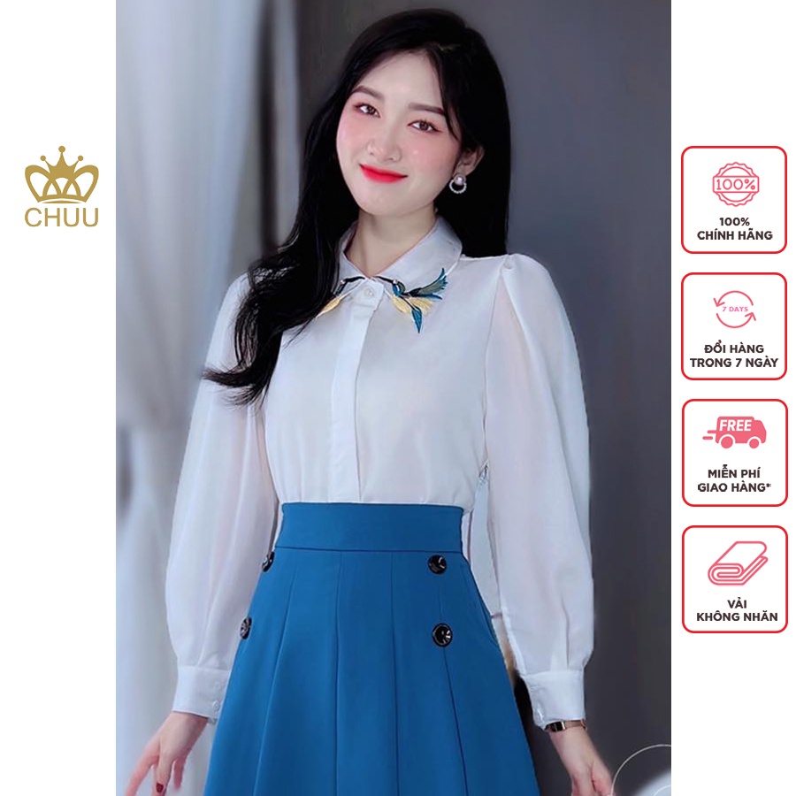 Áo sơ mi nữ tay dài cổ thêu blue bird xinh xắn CHUU A60020