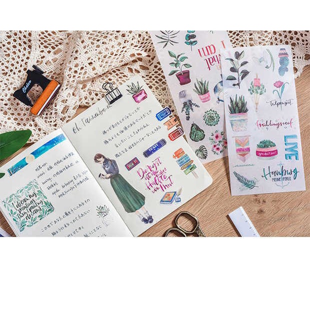 Set 3 miếng dán hình hoa lá hoạt hình trang trí sổ tay DIY