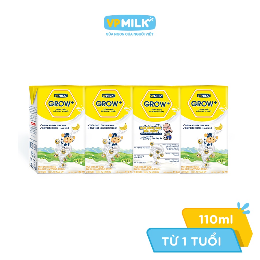 Sữa Tiệt Trùng Có Đường VPMilk Grow+ Vị Chuối Hộp 110ml (Lốc 4 hộp)