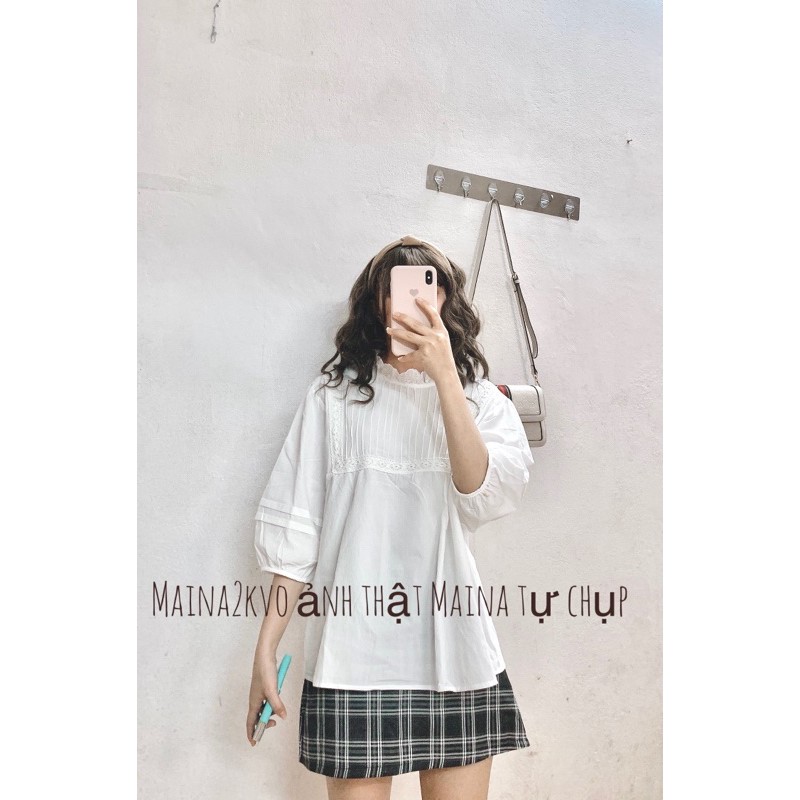 Áo babydoll tiểu thư trắng dáng lỡ tay bồng(ảnh thật/sẵn)