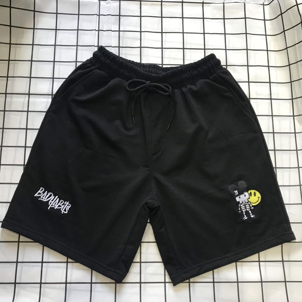 Quần Short thun đen nam nữ unisex thêu hình mẫu bad habits nam nữ