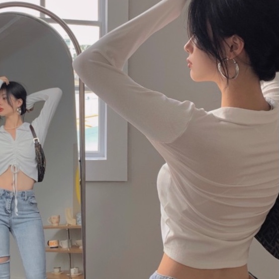 QADCOL Áo lửng tròng đầu tay dài dáng ôm phối dây rút hợp thời trang