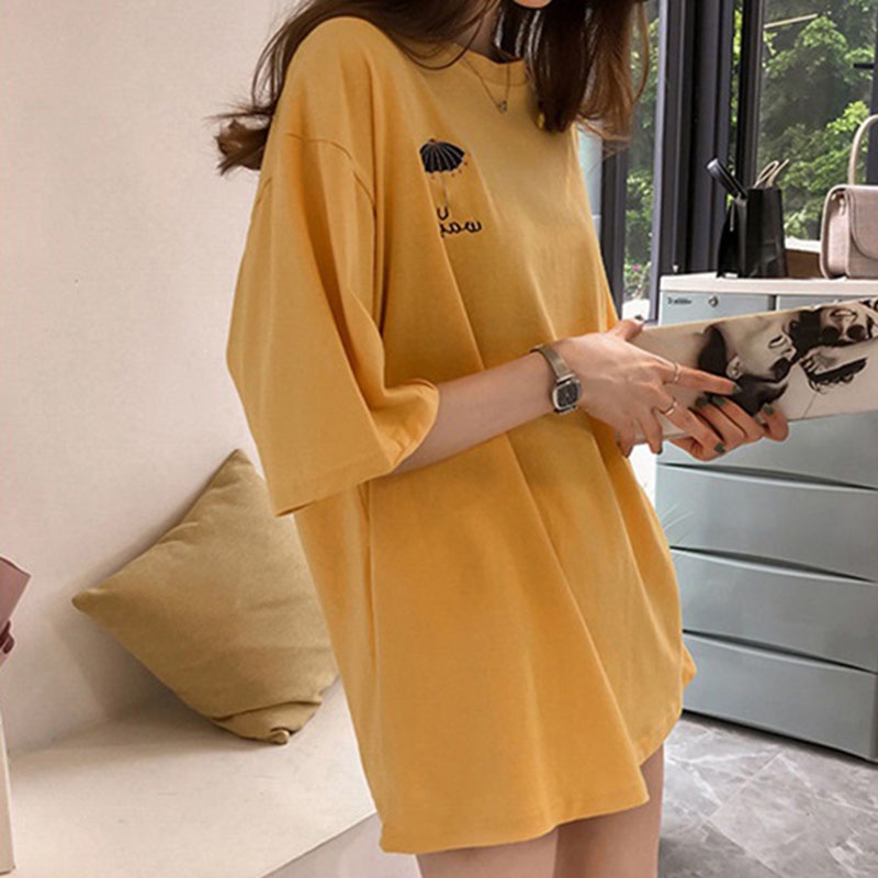 IELGY   Áo Thun Dài Vừa Thêu Họa Tiết Thời Trang Hàn Quốc Cho Nữ