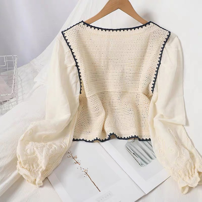 Áo sơ mi nữ kiểu croptop bánh bèo hàn quốc dáng babydoll cổ chữ v ulzzang tay phồng  vải thô đũi - tiemmaimeo1987