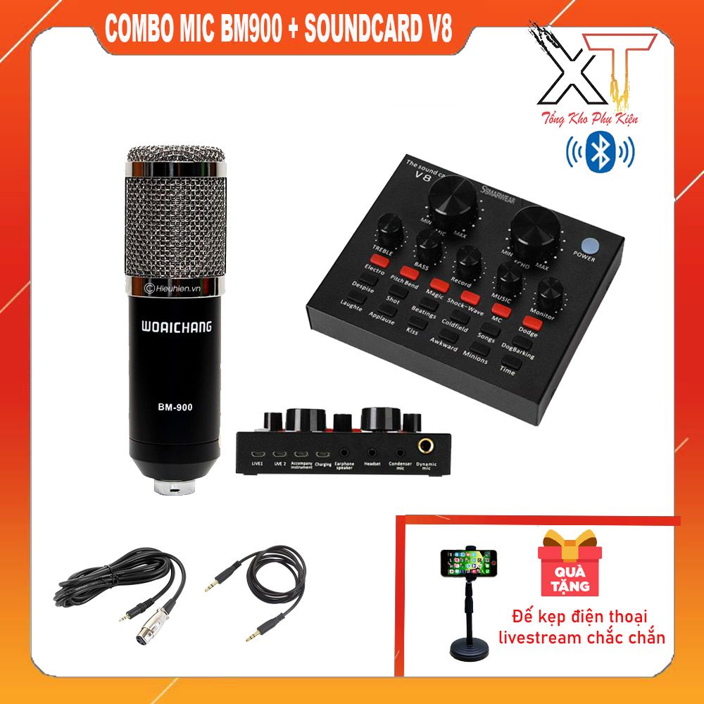 Combo trọn bộ thu âm livestream giá rẻ Soundcar V8, Micro BM900 - Bảo hành 6 Tháng