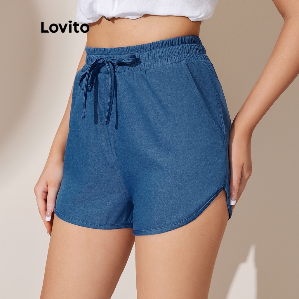 Lovito Quần Short Denim Trơn Có Nút Túi L25Ld108 (Xanh ĐậM)