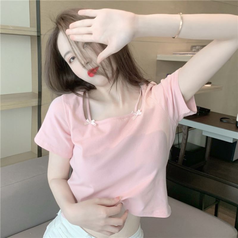 Áo Thun Nữ Ngắn Tay Cổ Vuông Thắt Nơ Phong Cách Mới Mùa Hè
