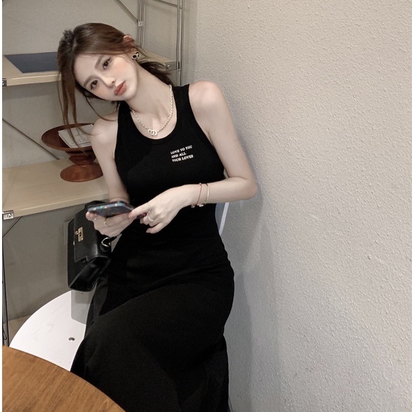 Đầm Hai Dây Cổ Tròn Dáng Ôm In Chữ Thời Trang Mùa Hè Phong Cách Hàn Quốc Cho Nữ