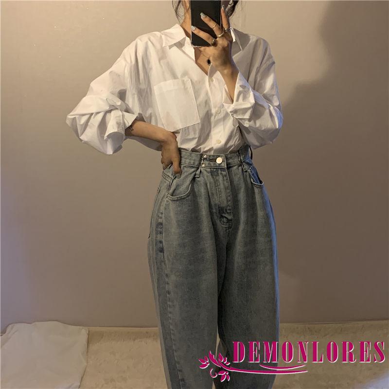 Áo Sơ Mi Tay Dài Cổ Bẻ Dáng Rộng Màu Sắc Đơn Giản Thời Trang Mùa Thu Cho Nữ