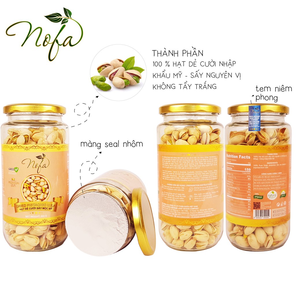 Hạt Dẻ Cười Mỹ Nofa Hũ Và Túi 500g Không Tẩy, Loại Thượng Hạng, Sấy Nguyên Vị Hỗ Giảm Cân, Da Đẹp Căng Mịn, 100% Hữu Cơ