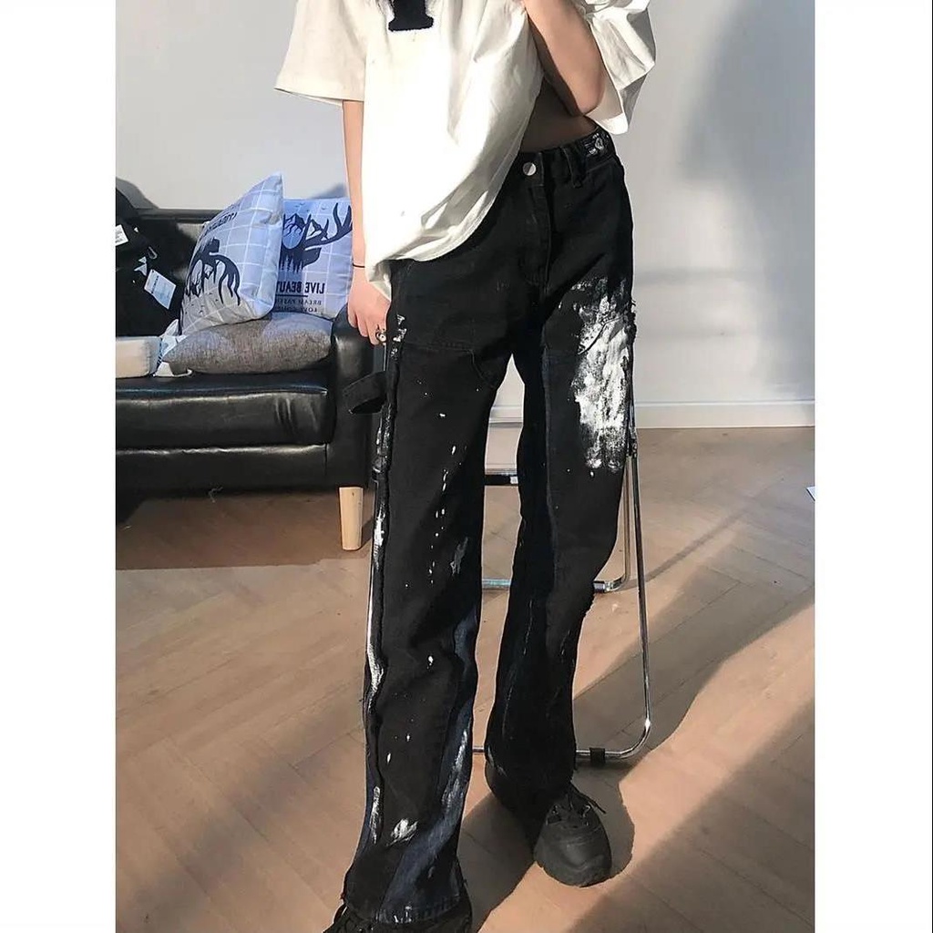 Quần Jean Lưng Cao Ống Rộng Cá Tính Dành Cho Nữ