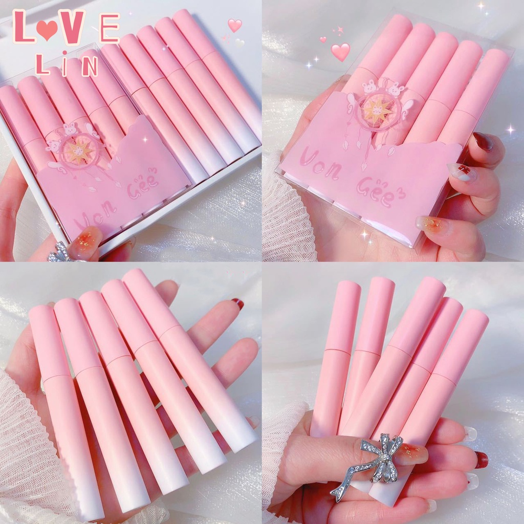 Bộ Năm Thỏi Son Môi Lì Mịn Mượt Như Nhung Tông Màu Trắng Thiết Kế Vỏ Hình dreamcatcher Thời Trang