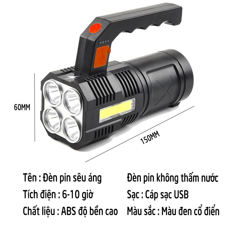 Đèn Pin Siêu Sáng Cầm Tay Chắc Chắn 3 Chế Độ Sáng Sạc Tích Điện Đèn Rọi Ray Asaki