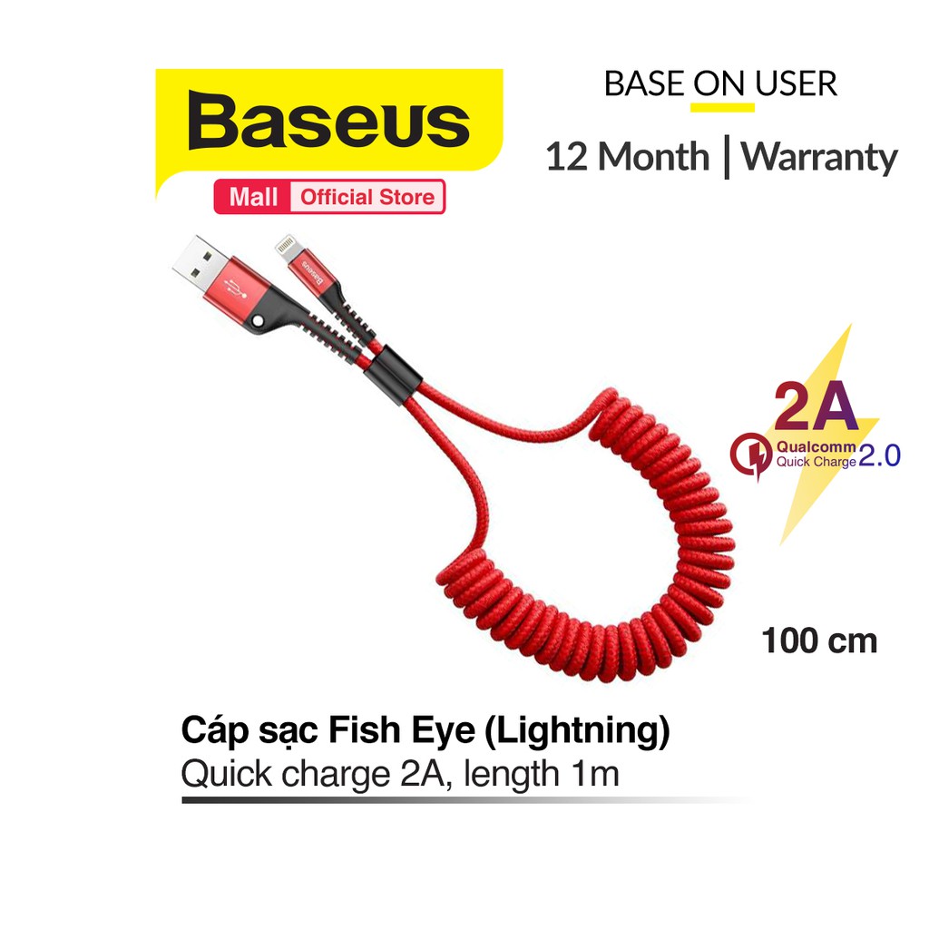 Cáp sạc Lightning dây xoắn đàn hồi Baseus Fish Eye Spring Data dùng cho iPhone / iPad (Hỗ trợ sạc nhanh 2A Max, dài 1M)