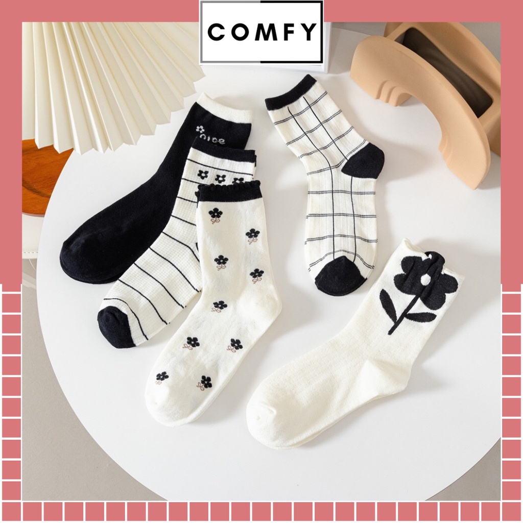 Set 5 đôi vớ cổ cao màu đen trắng họa tiết xinh xắn dễ thương chất liệu thấm hút mồ hôi phong cách Hàn Quốc