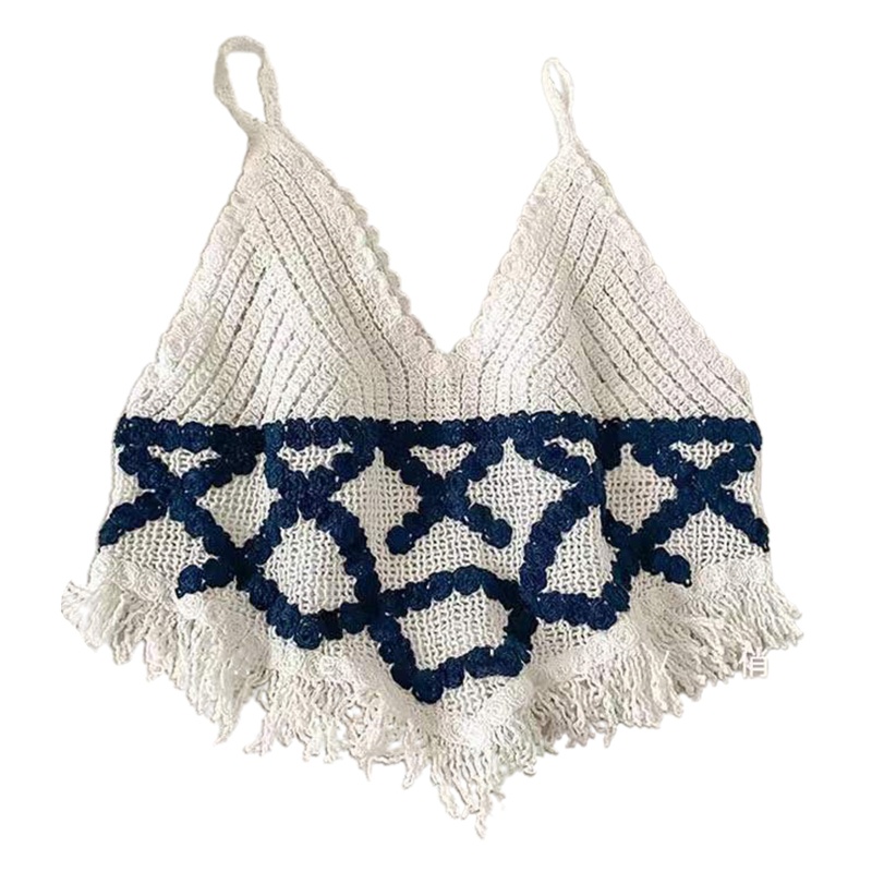 Áo Croptop Dệt Kim Sát Nách Cổ Chữ V Viền Tua Rua Phong Cách Boho
