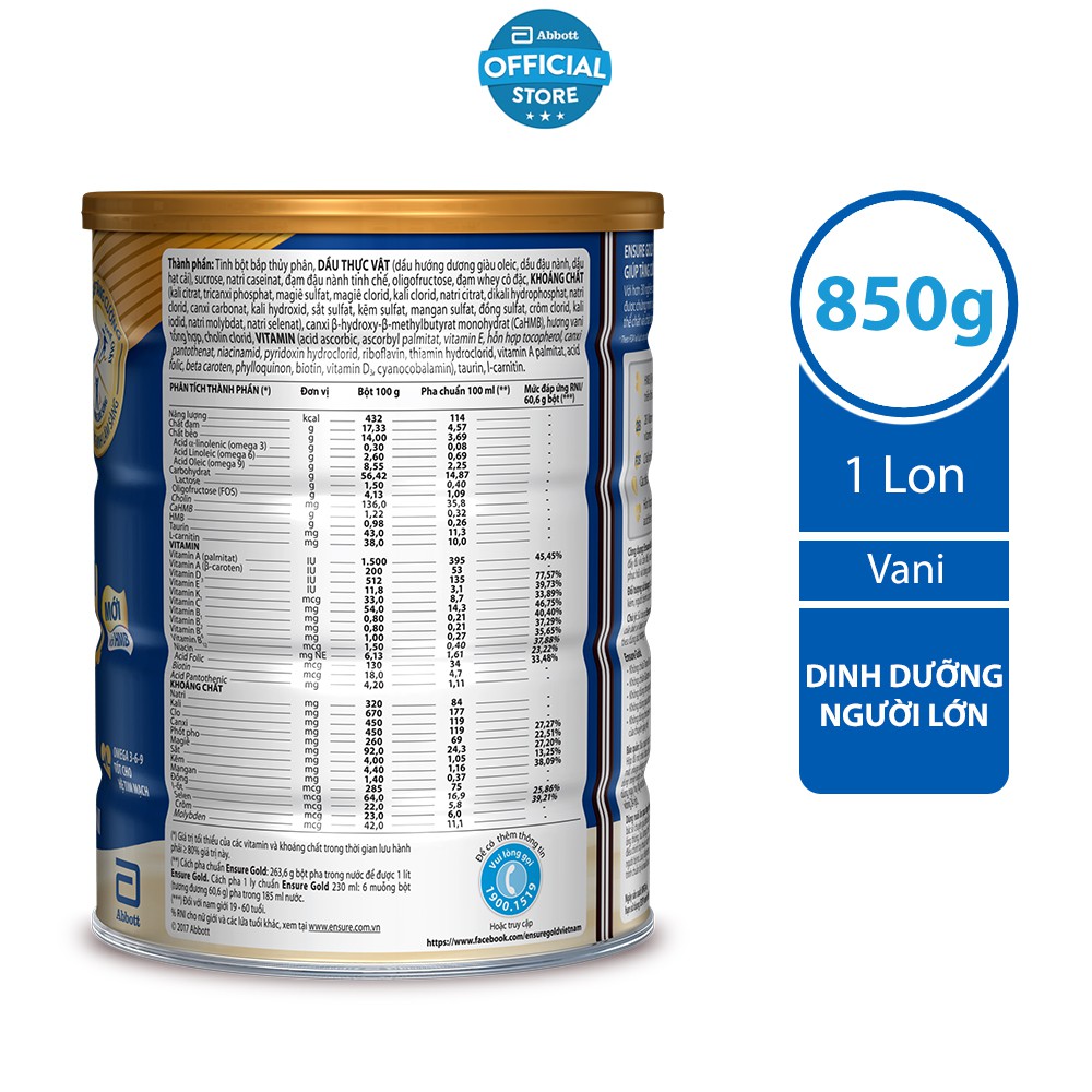 Sữa bột Ensure Gold Abbott hương vani (HMB) 400g và 850g