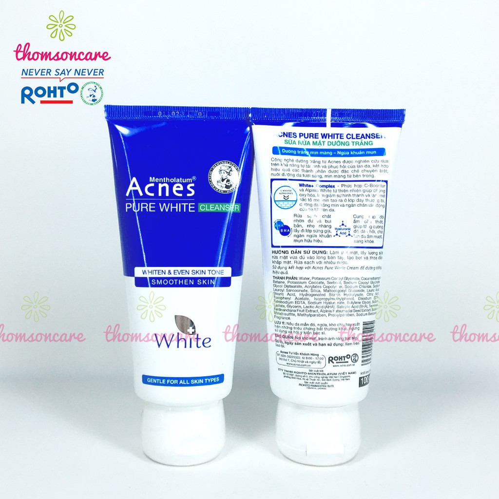 Sữa rửa mặt dưỡng trắng da - Acnes Pure White tuýp 100ml srm cleanser mờ nám, tàn nhang