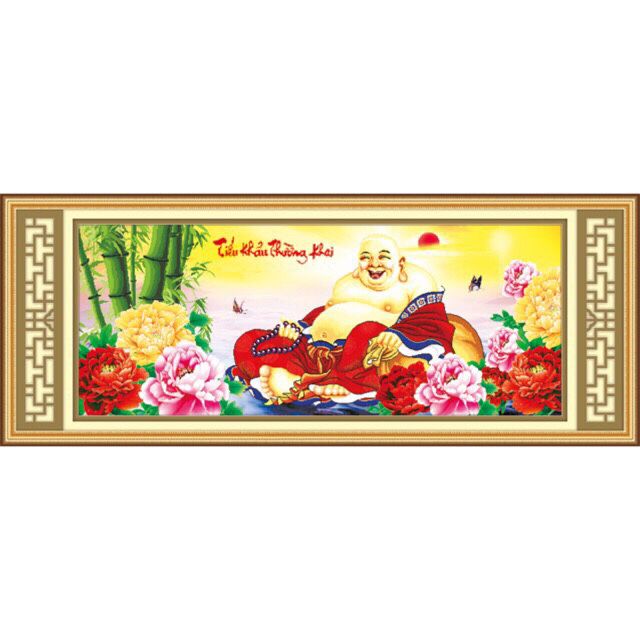 Tranh thêu chữ thập 5d Tiếu Khẩu Trường Khai - Phật di lạc bên hoa mẫu đơn  chưa thêu