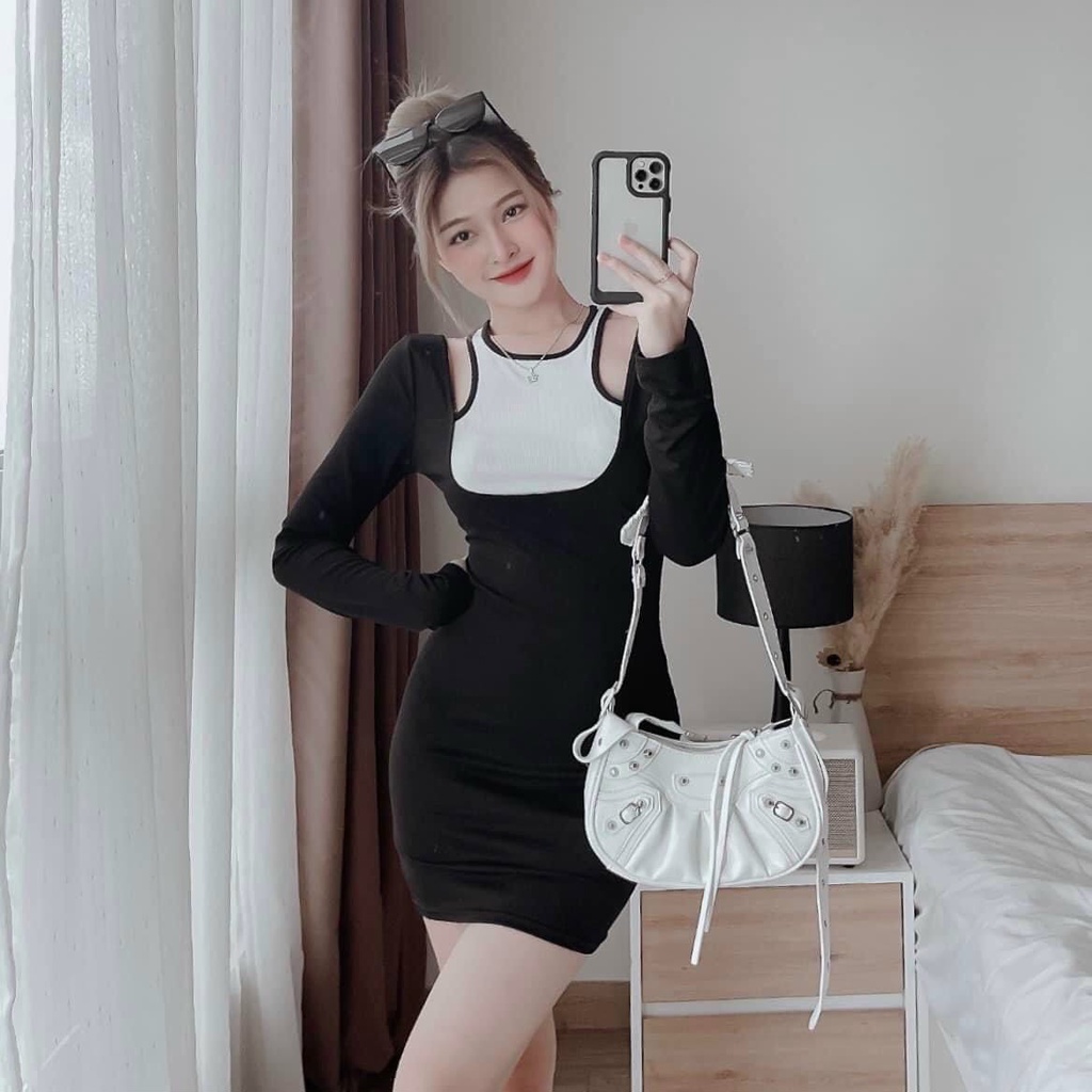 Đầm tay dài phối yếm bản viền màu khoét 2 bên vai ôm body cực xinh , chất thun gân mềm mịn