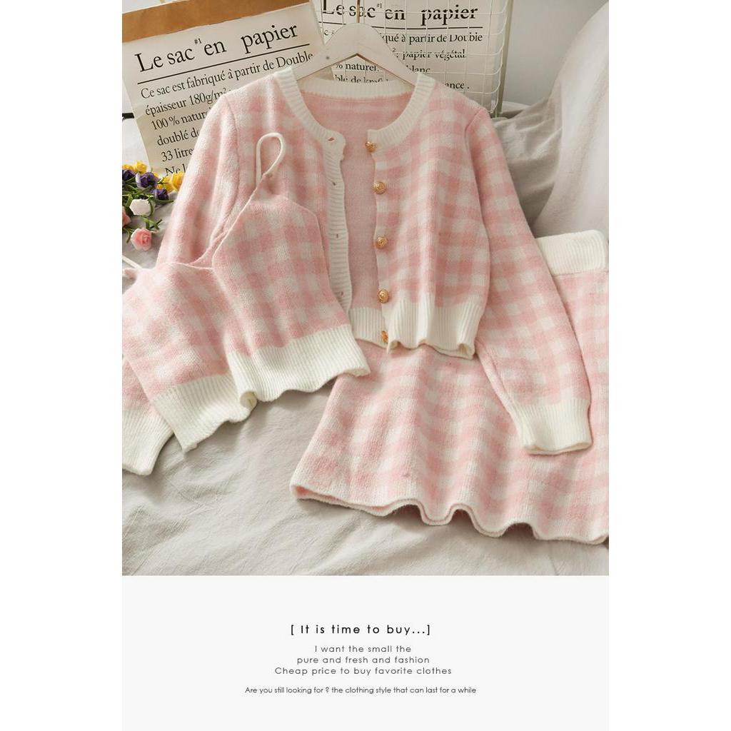 Set váy áo len kẻ dễ thương áo khoác cardigan chân váy và áo bra len Đ253