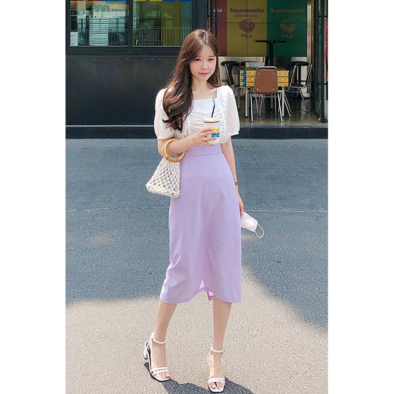 (ORDER) Chân váy bút chì suông dài MORAN cạp cao màu tím phớt nhẹ nhàng vintage Hàn Quốc (MẪU _MỚI_2020)