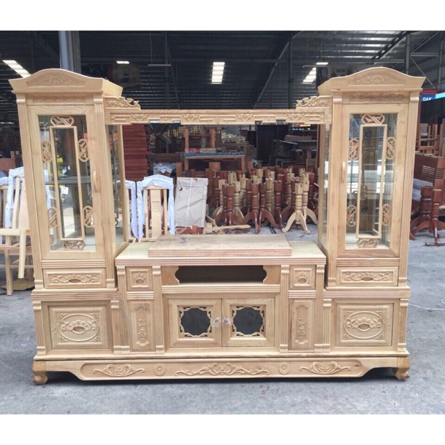 Kệ tivi kính giàn cổ gỗ sồi 2m2