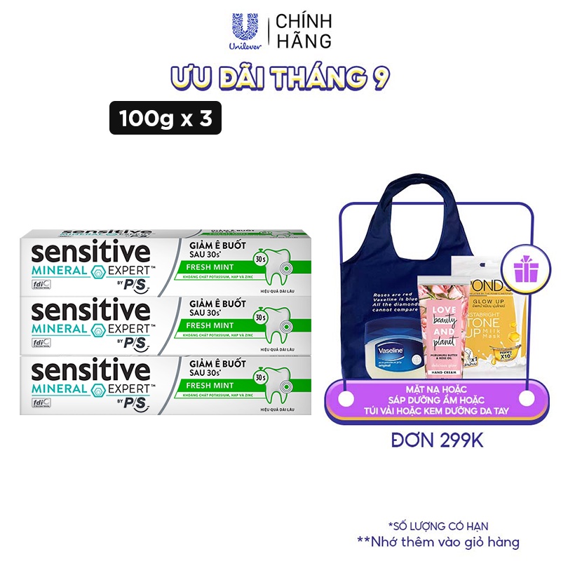 Bộ 3 Hộp Kem đánh răng P/S giảm ê buốt sau 30 giây Sensitive Mineral Expert Fresh Mint với tác động từ khoáng 100g