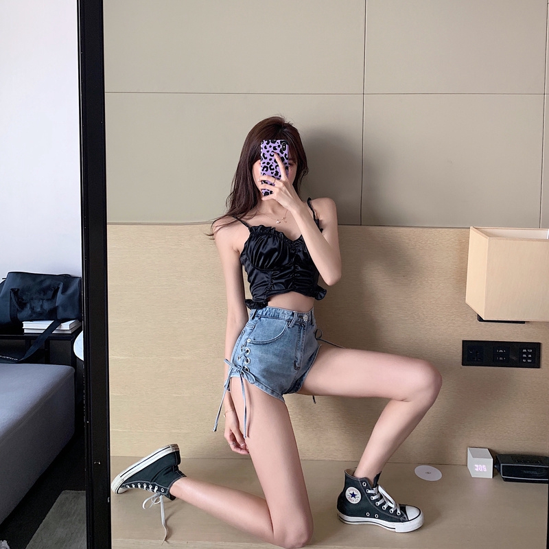 DUNEA Women's Chic Bow Tie Straps Were Thin A-line High Waist Denim Shorts