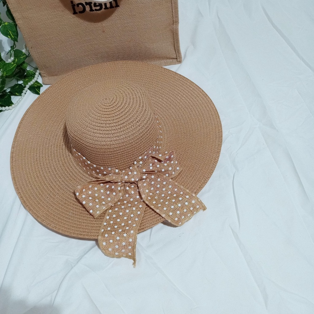 Nón cói/mũ cói nữ đi biển vành rộng phối nơ chấm bi sang chảnh hình chụp thật-vành rộng chấm bi