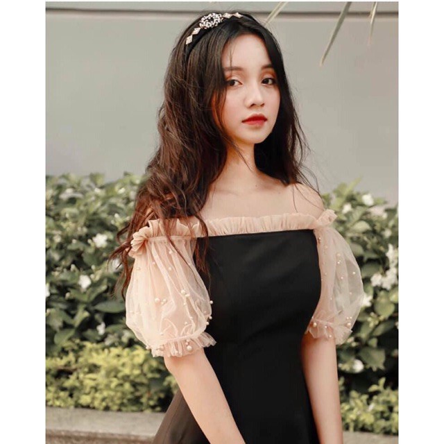 Đầm dự tiệc trễ vai phối lưới đính hạt dễ thương | BigBuy360 - bigbuy360.vn