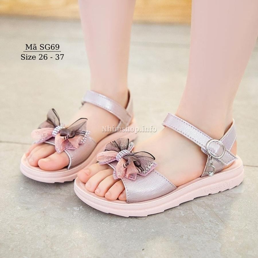 Dép quai hậu sandal bé gái đi học da mềm đế êm kiểu dán tiện dụng gắn nơ điệu tím hồng cho trẻ em nữ 3 - 12 tuổi SG69