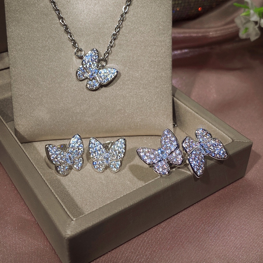 Bộ trang sức, Set Dây chuyền, Bông tai, Nhẫn nữ hình bướm đính đá cao cấp sang trọng Mely - HA81