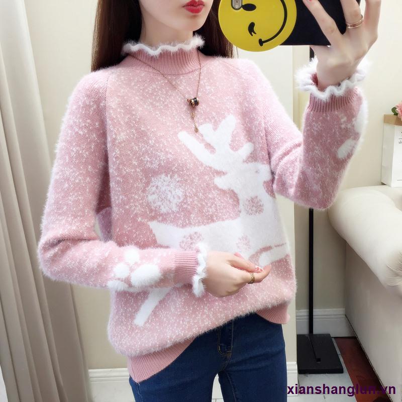Một nửa cao cổ giả lông chồn lông cừu áo len chui đầu của phụ nữ 2021 quần áo mùa thu và mùa đông Giáng sinh bông tuyết hươu dưới đáy áo len dệt kim trên cùng